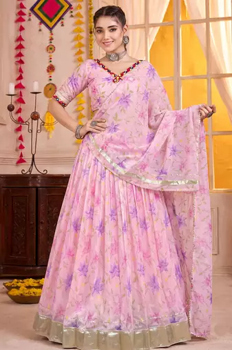 Baby Pink Tabby Silk Navratri Lehenga Choli Dupatta Set