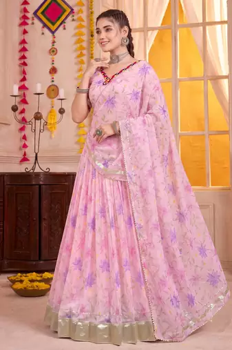 Baby Pink Tabby Silk Navratri Lehenga Choli Dupatta Set