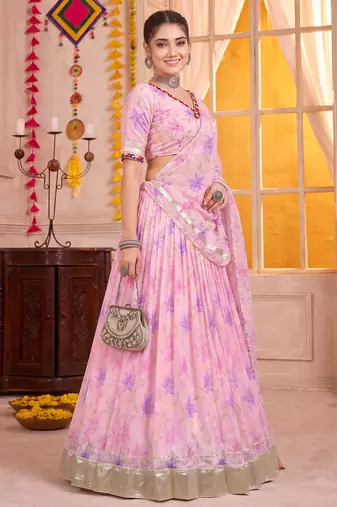 Baby Pink Tabby Silk Navratri Lehenga Choli Dupatta Set