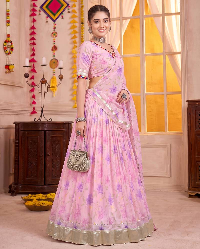 Baby Pink Tabby Silk Navratri Lehenga Choli Dupatta Set