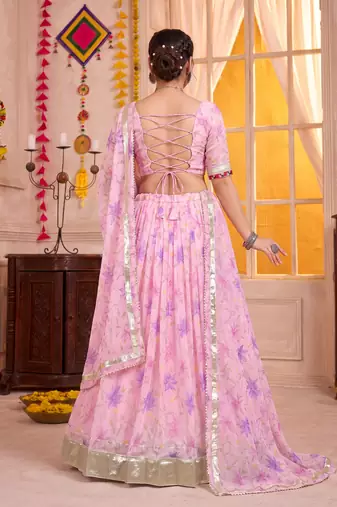 Baby Pink Tabby Silk Navratri Lehenga Choli Dupatta Set