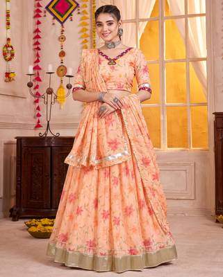 Peach Tabby Silk Navratri Lehenga Choli Dupatta Set 1