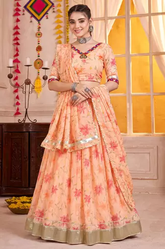 Peach Tabby Silk Navratri Lehenga Choli Dupatta Set