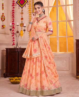 Peach Tabby Silk Navratri Lehenga Choli Dupatta Set 2