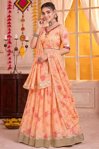 Peach Tabby Silk Navratri Lehenga Choli Dupatta Set