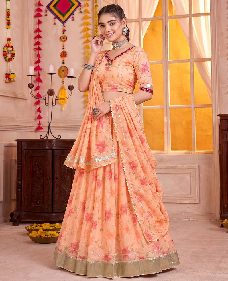 Peach Tabby Silk Navratri Lehenga Choli Dupatta Set