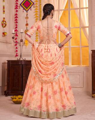 Peach Tabby Silk Navratri Lehenga Choli Dupatta Set 3