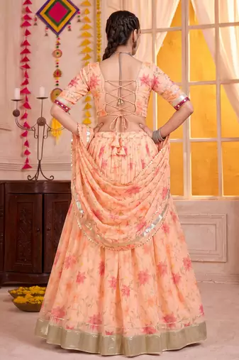Peach Tabby Silk Navratri Lehenga Choli Dupatta Set