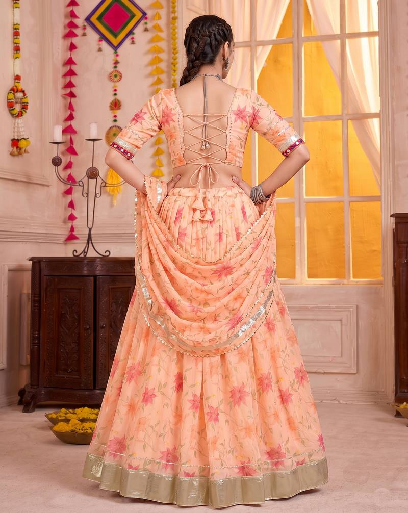 Peach Tabby Silk Navratri Lehenga Choli Dupatta Set