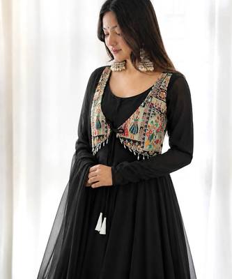 black color plain work faux georgette gown set 2