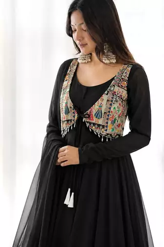 black color plain work faux georgette gown set