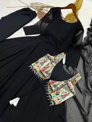 black color plain work faux georgette gown set 3