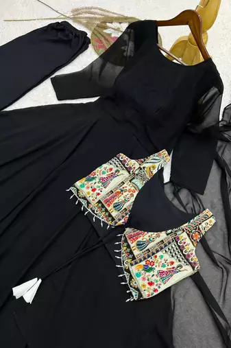black color plain work faux georgette gown set