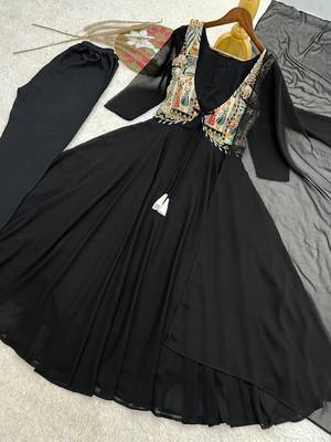 black color plain work faux georgette gown set 4