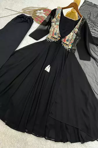 black color plain work faux georgette gown set