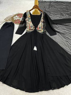 black color plain work faux georgette gown set 5