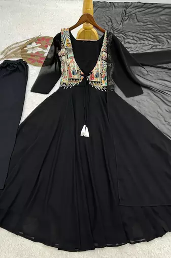 black color plain work faux georgette gown set