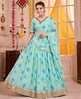 Sky Blue Tabby Silk Navratri Special Premium Designer Lehenga Choli Dupatta Set 1