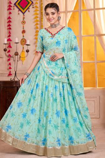 Sky Blue Tabby Silk Navratri Special Premium Lehenga Choli Dupatta Set