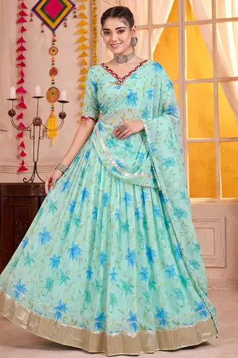 Sky Blue Tabby Silk Navratri Special Premium Designer Lehenga Choli Dupatta Set