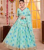 Sky Blue Tabby Silk Navratri Special Premium Designer Lehenga Choli Dupatta Set