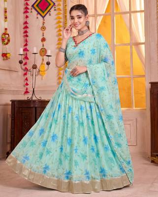 Sky Blue Tabby Silk Navratri Special Premium Designer Lehenga Choli Dupatta Set 2