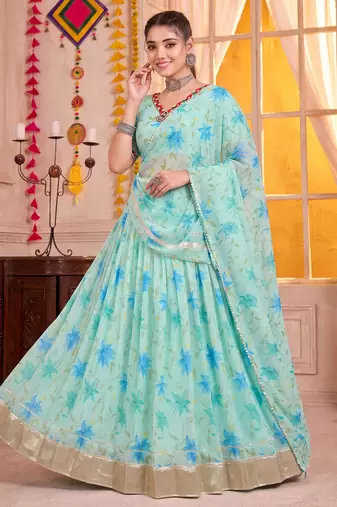 Sky Blue Tabby Silk Navratri Special Premium Designer Lehenga Choli Dupatta Set