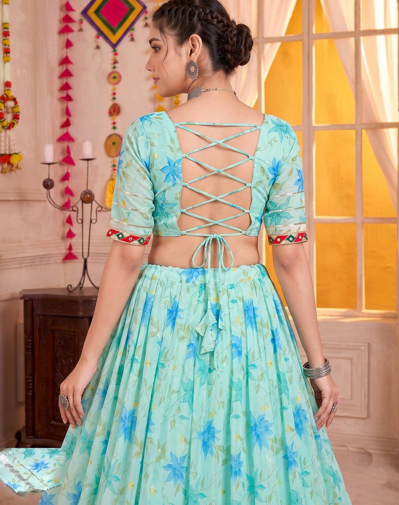 Sky Blue Tabby Silk Navratri Special Premium Designer Lehenga Choli Dupatta Set