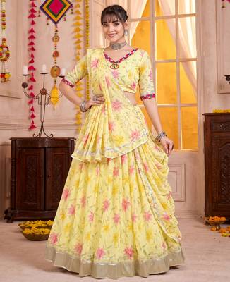 Yellow Tabby Silk Navratri Lehenga Choli Dupatta Set 1