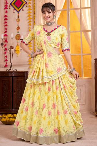 Yellow Tabby Silk Navratri Lehenga Choli Dupatta Set