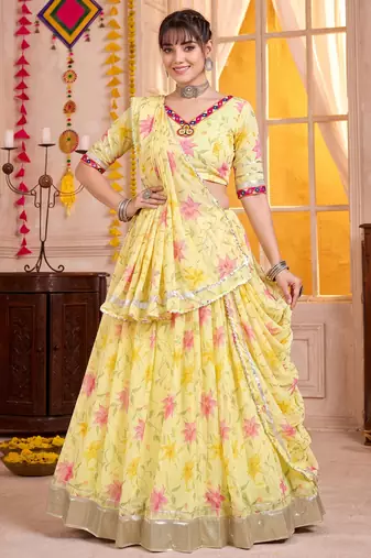 Yellow Tabby Silk Navratri Lehenga Choli Dupatta Set