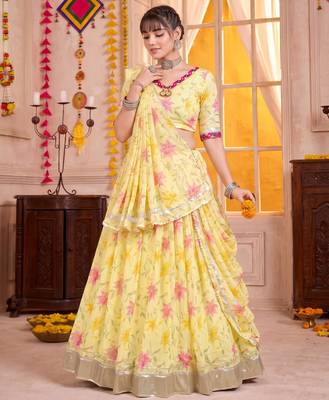 Yellow Tabby Silk Navratri Lehenga Choli Dupatta Set 2