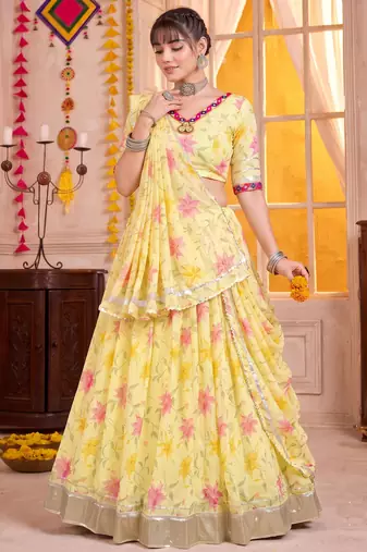 Yellow Tabby Silk Navratri Lehenga Choli Dupatta Set