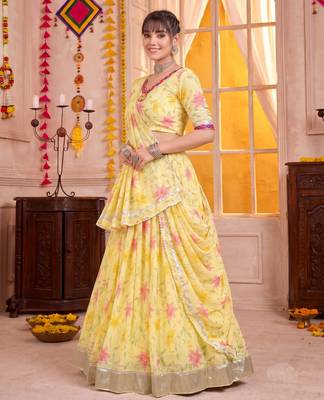 Yellow Tabby Silk Navratri Lehenga Choli Dupatta Set 3