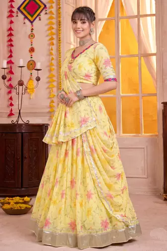 Yellow Tabby Silk Navratri Lehenga Choli Dupatta Set