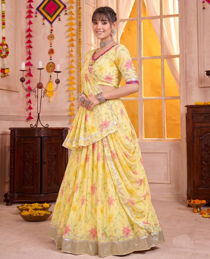 Yellow Tabby Silk Navratri Lehenga Choli Dupatta Set