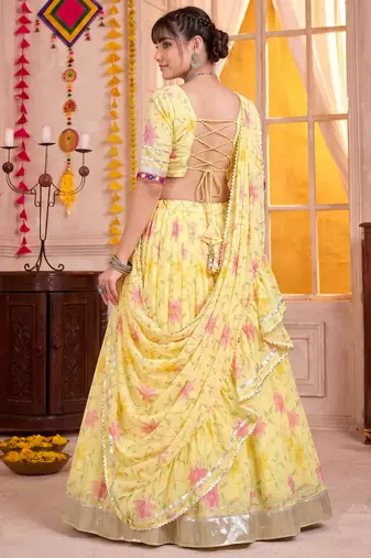 Yellow Tabby Silk Navratri Lehenga Choli Dupatta Set
