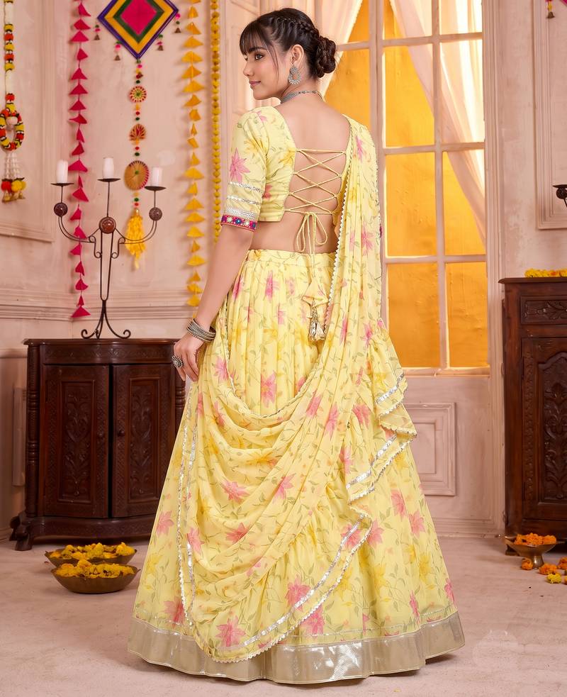 Yellow Tabby Silk Navratri Lehenga Choli Dupatta Set