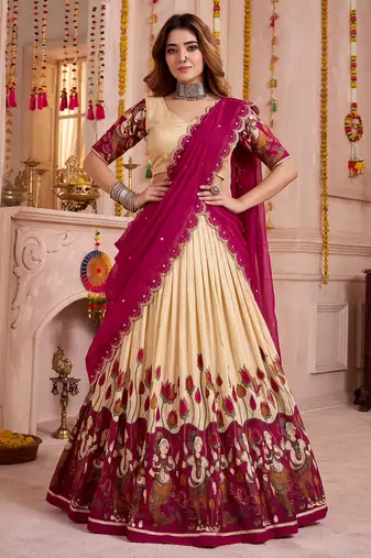 Off White Tussar Silk Navratri Lehenga Choli Dupatta Set