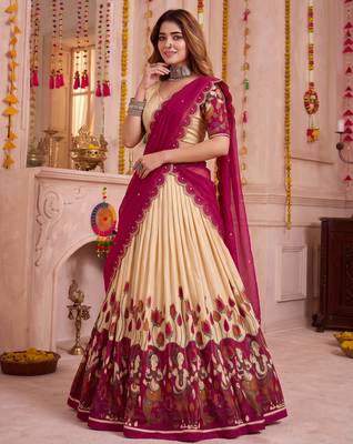 Off White Tussar Silk Navratri Lehenga Choli Dupatta Set 2