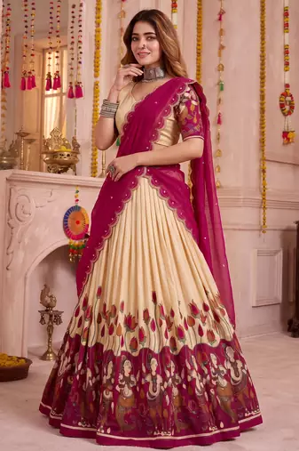 Off White Tussar Silk Navratri Lehenga Choli Dupatta Set
