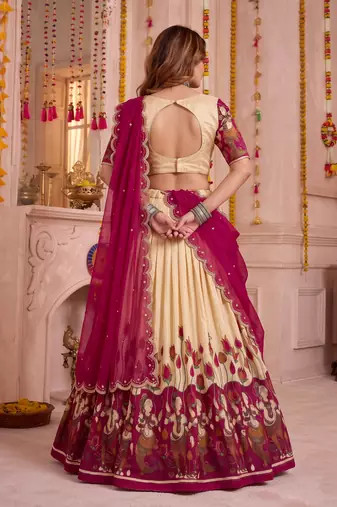 Off White Tussar Silk Navratri Lehenga Choli Dupatta Set