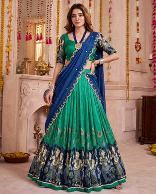 Rama Green Tussar Silk Navratri Lehenga Choli Dupatta Set 1