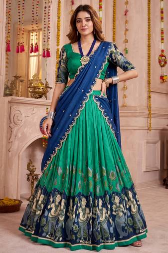 Rama Green Tussar Silk Navratri Lehenga Choli Dupatta Set