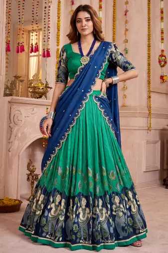 Rama Green Tussar Silk Navratri Lehenga Choli Dupatta Set