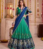 Rama Green Tussar Silk Navratri Lehenga Choli Dupatta Set
