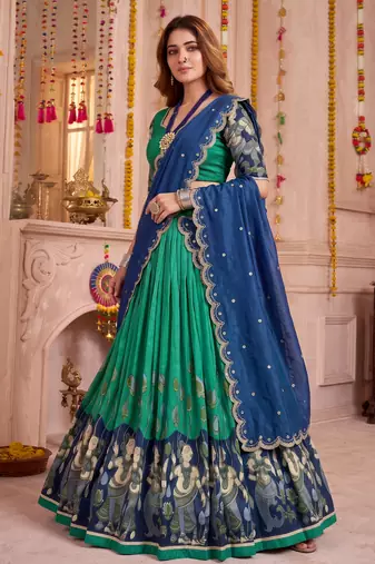 Rama Green Tussar Silk Navratri Lehenga Choli Dupatta Set