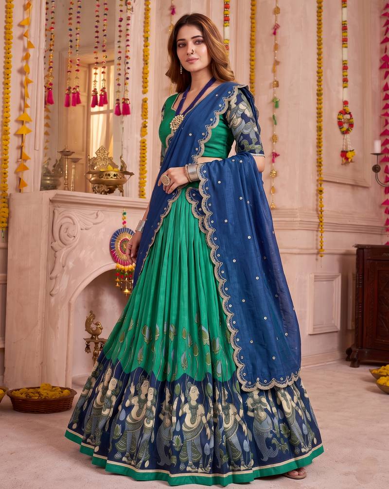 Rama Green Tussar Silk Navratri Lehenga Choli Dupatta Set