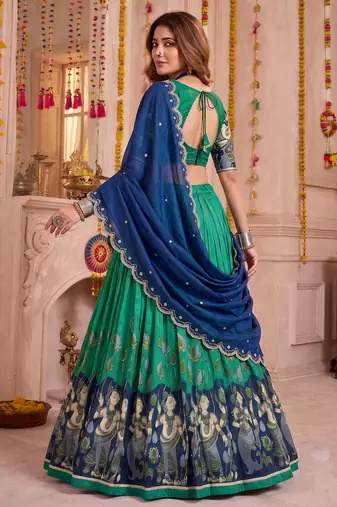 Rama Green Tussar Silk Navratri Lehenga Choli Dupatta Set