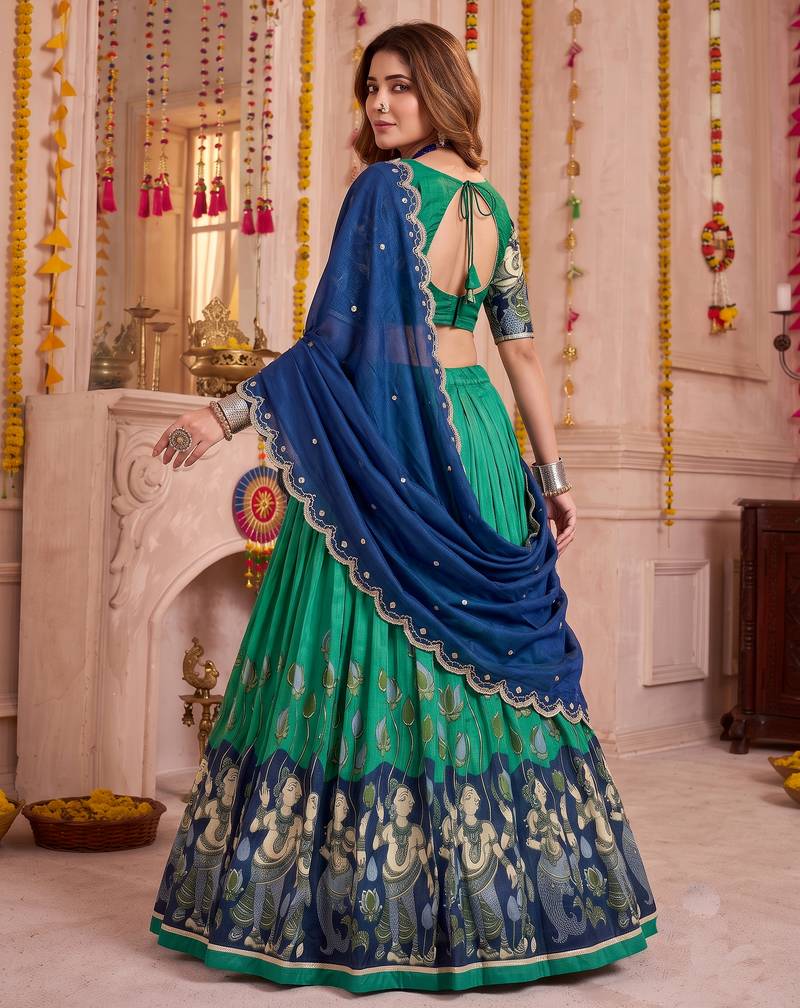 Rama Green Tussar Silk Navratri Lehenga Choli Dupatta Set